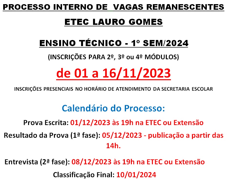 Vagas Remanescentes - 1º/2023 - Etec de Taboão da Serra